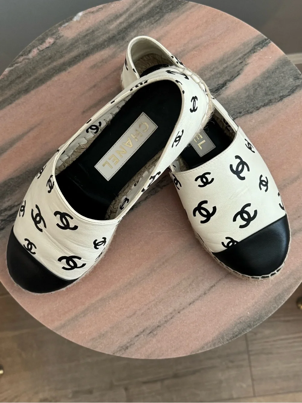 CHANEL Cream Espadrilles with Black Toe Caps and Logo Print